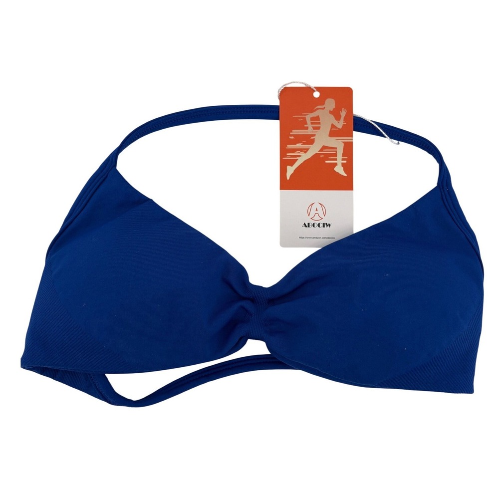 ABOCIW Bikini Top Womens S Blue Ribbed‎ Halter Ruched Padded Swim Activewear